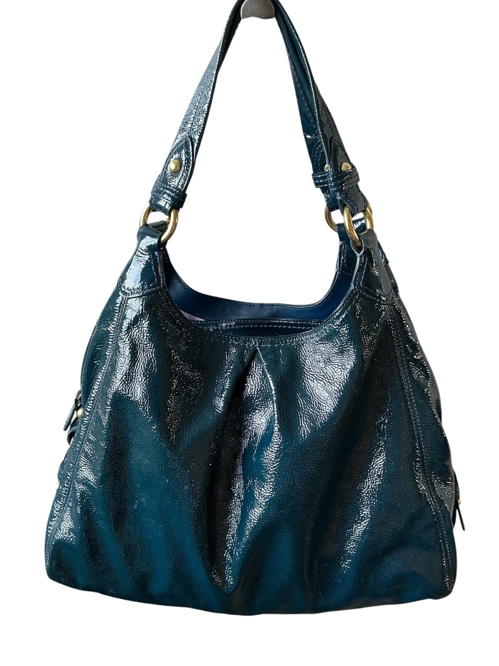 Coach Maggie Teal Blue Patent Leather Pleated Hobo Shoulder Bag 13900 - Picture 4 of 16